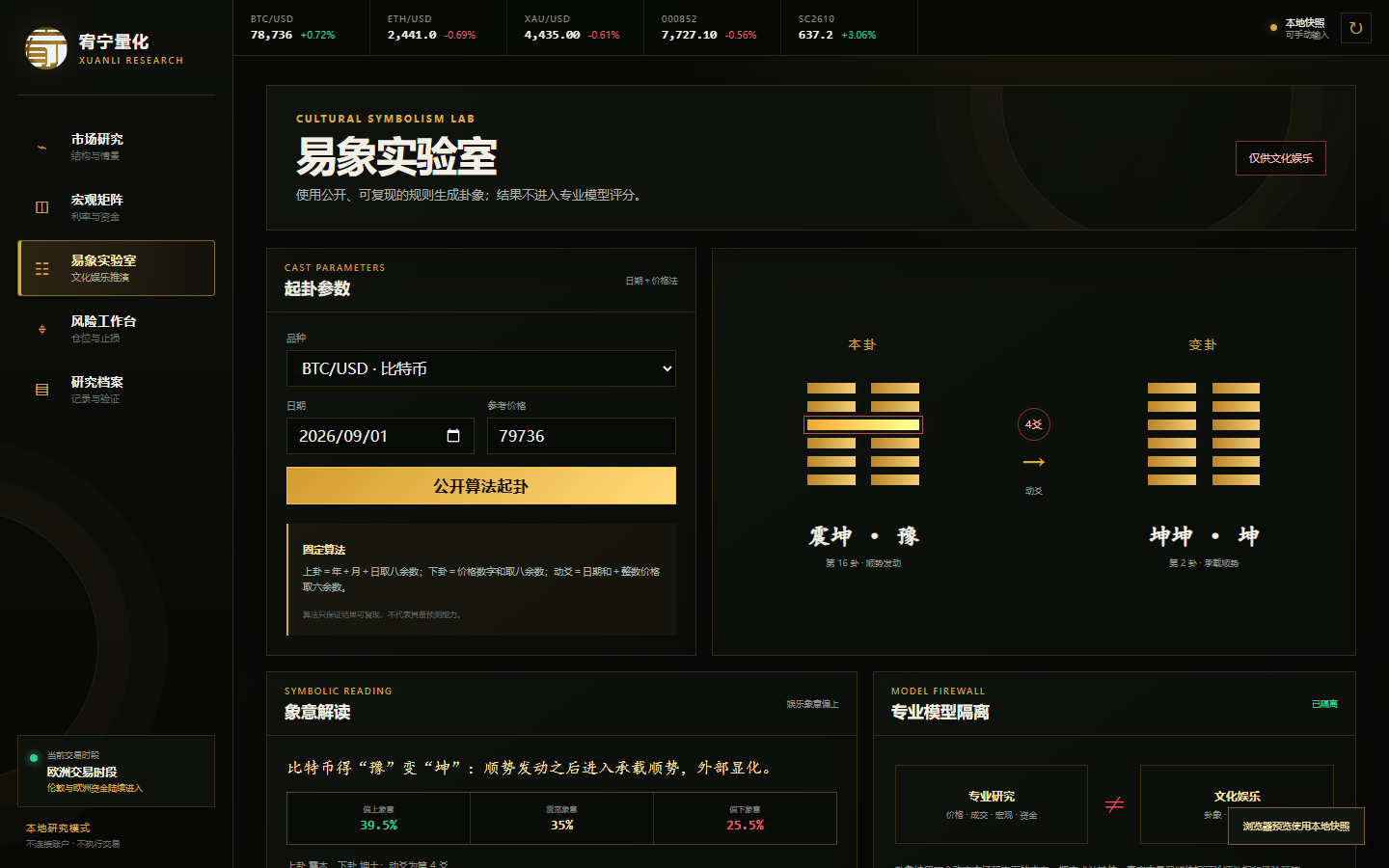 玄量AI终端易象实验室，展示本卦、动爻、变卦与象意解读